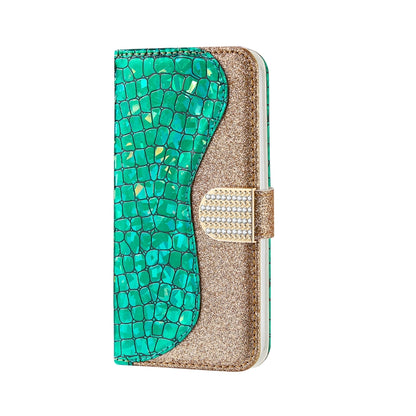 For iPhone 13 Pro Max Laser Glitter Powder Matching Crocodile Texture Horizontal Flip Leather Case with Card Slots & Holder & Wallet (Green) - iPhone 13 Pro Max Cases by buy2fix | Online Shopping UK | buy2fix