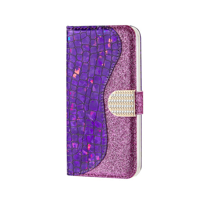 For iPhone 13 Pro Laser Glitter Powder Matching Crocodile Texture Horizontal Flip Leather Case with Card Slots & Holder & Wallet (Purple) - iPhone 13 Pro Cases by buy2fix | Online Shopping UK | buy2fix