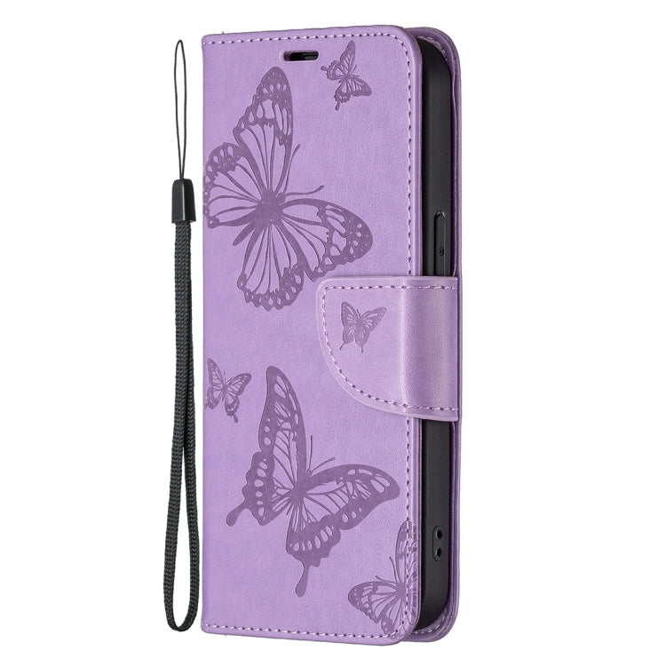 For iPhone 13 Embossing Two Butterflies Pattern Horizontal Flip PU Leather Case with Holder & Card Slot & Wallet & Lanyard(Purple) - iPhone 13 Cases by buy2fix | Online Shopping UK | buy2fix