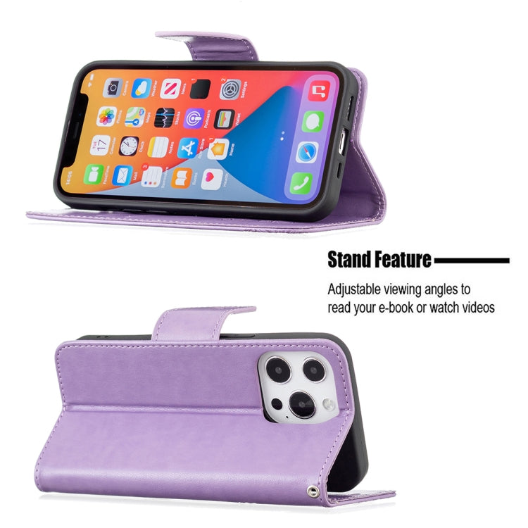 For iPhone 13 Embossing Two Butterflies Pattern Horizontal Flip PU Leather Case with Holder & Card Slot & Wallet & Lanyard(Purple) - iPhone 13 Cases by buy2fix | Online Shopping UK | buy2fix