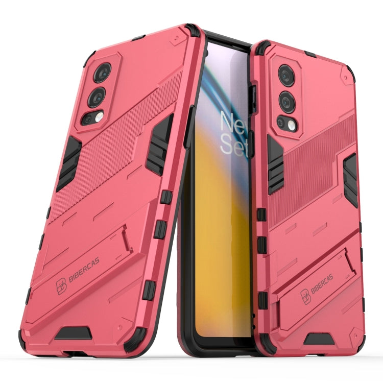 For OnePlus Nord 2 5G Punk Armor 2 in 1 PC + TPU Shockproof Case with Invisible Holder(Light Red) - OnePlus Cases by buy2fix | Online Shopping UK | buy2fix