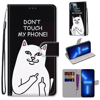 For iPhone 13 Pro Max Coloured Drawing Cross Texture Horizontal Flip PU Leather Case with Holder & Card Slots & Wallet & Lanyard (Middle Finger White Cat) - iPhone 13 Pro Max Cases by buy2fix | Online Shopping UK | buy2fix
