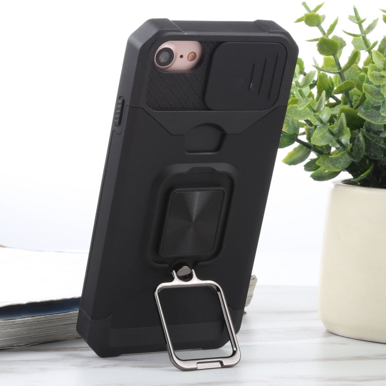 For iPhone SE 2022 / SE 2020 / 8 / 7 / 6s / 6 Sliding Camera Cover Design PC + TPU Shockproof Case with Ring Holder & Card Slot (Black) - iPhone SE 2022 / 2020 / 8 / 7 Cases by buy2fix | Online Shopping UK | buy2fix
