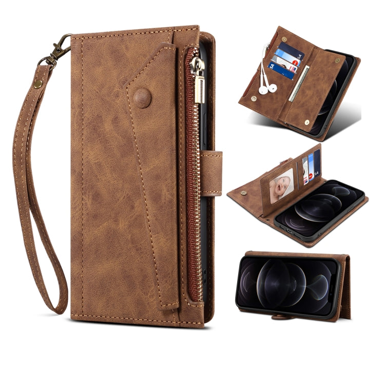 For iPhone 13 mini Retro Frosted Horizontal Flip Leather Case with Holder & Card Slot & Wallet & Zipper Pocket & Lanyard (Brown) - iPhone 13 mini Cases by buy2fix | Online Shopping UK | buy2fix