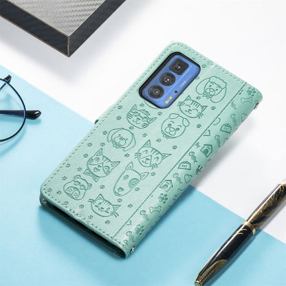 For Motorola Edge 20 Pro Lovely Cat and Dog Embossing Pattern Horizontal Flip Leather Case , with Holder & Card Slots & Wallet & Cartoon Clasp & Lanyard(Green) - Motorola Cases by buy2fix | Online Shopping UK | buy2fix