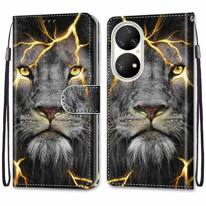 For Huawei P50 Pro Coloured Drawing Cross Texture Horizontal Flip PU Leather Case with Holder & Card Slots & Wallet & Lanyard(Fission Lion) - Huawei Cases by buy2fix | Online Shopping UK | buy2fix