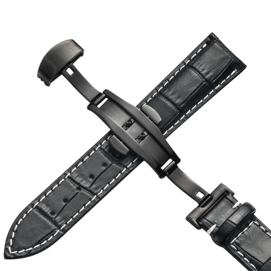 22mm Classic Cowhide Leather Black Butterfly Buckle Watch Band(Black White Lines) - 22mm Bands by buy2fix | Online Shopping UK | buy2fix