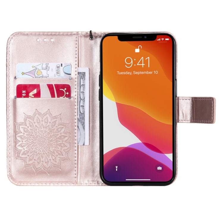 For iPhone 13 Pressed Printing Sunflower Pattern Horizontal Flip PU Leather Case Holder & Card Slots & Wallet & Lanyard(Rose Gold) - iPhone 13 Cases by buy2fix | Online Shopping UK | buy2fix