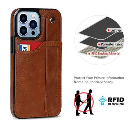 For iPhone 13 Pro Crazy Horse Texture Shockproof TPU + PU Leather Case with Card Slot & Wrist Strap Holder (Brown) - iPhone 13 Pro Cases by buy2fix | Online Shopping UK | buy2fix