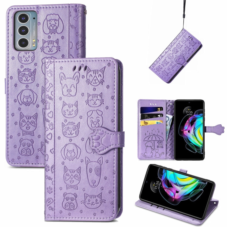 For Motorola Moto Edge 20 Lovely Cat and Dog Embossing Pattern Horizontal Flip Leather Case , with Holder & Card Slots & Wallet & Cartoon Clasp & Lanyard(Purple) - Motorola Cases by buy2fix | Online Shopping UK | buy2fix