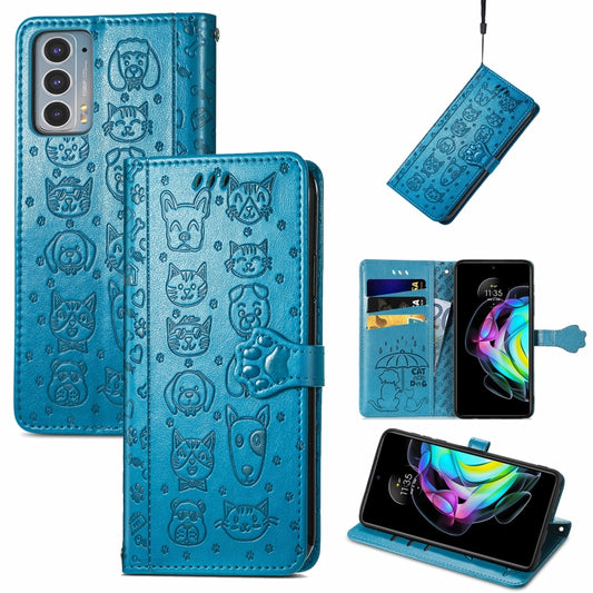 For Motorola Moto Edge 20 Lovely Cat and Dog Embossing Pattern Horizontal Flip Leather Case , with Holder & Card Slots & Wallet & Cartoon Clasp & Lanyard(Blue) - Motorola Cases by buy2fix | Online Shopping UK | buy2fix