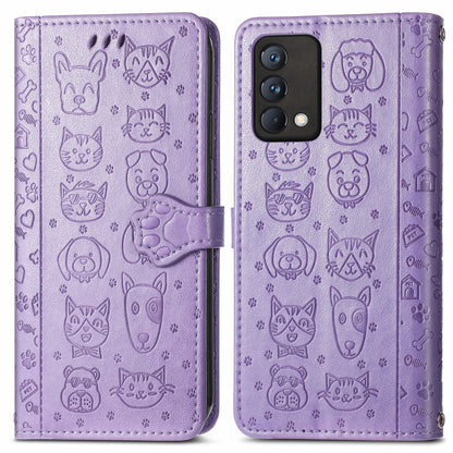 For OPPO Realme GT Master Lovely Cat and Dog Embossing Pattern Horizontal Flip Leather Case , with Holder & Card Slots & Wallet & Cartoon Clasp & Lanyard(Purple) - Realme Cases by buy2fix | Online Shopping UK | buy2fix