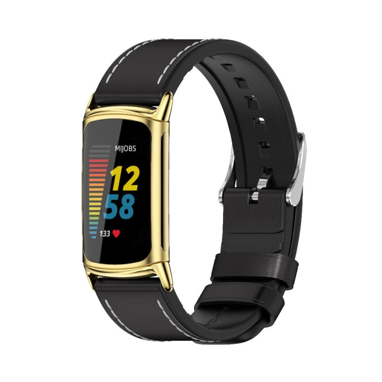 For Fitbit Charge5 Mijobs TPU + Leather Watch Band(Black+Gold) - Watch Bands by MIJOBS | Online Shopping UK | buy2fix