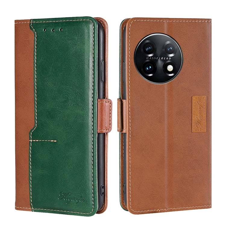 For OnePlus 11 Contrast Color Side Buckle Leather Phone Case(Light Brown + Green) - OnePlus Cases by buy2fix | Online Shopping UK | buy2fix