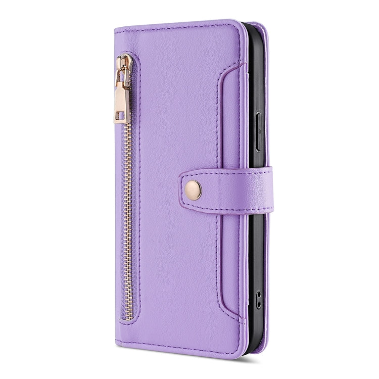 For OnePlus 11 Sheep Texture Cross-body Zipper Wallet Leather Phone Case(Purple) - OnePlus Cases by buy2fix | Online Shopping UK | buy2fix