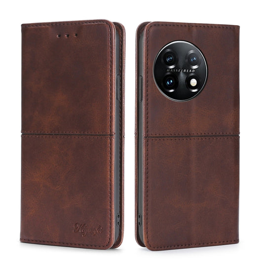 For OnePlus 11 Cow Texture Magnetic Horizontal Flip Leather Phone Case(Dark Brown) - OnePlus Cases by buy2fix | Online Shopping UK | buy2fix