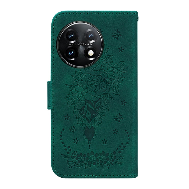 For OnePlus 11 Butterfly Rose Embossed Leather Phone Case(Green) - OnePlus Cases by buy2fix | Online Shopping UK | buy2fix