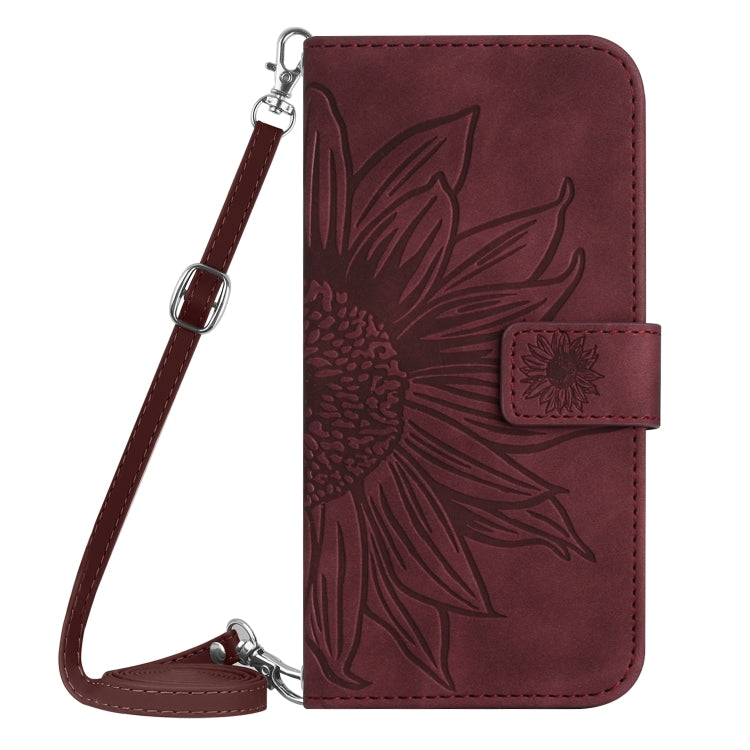 For Xiaomi Redmi 12 5G Skin Feel Sun Flower Embossed Flip Leather Phone Case with Lanyard(Wine Red) - Xiaomi Cases by buy2fix | Online Shopping UK | buy2fix