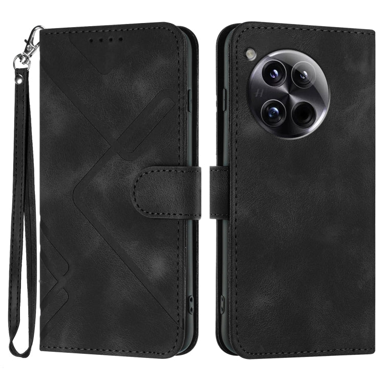 For OnePlus 12 Line Pattern Skin Feel Leather Phone Case(Black) - OnePlus Cases by buy2fix | Online Shopping UK | buy2fix