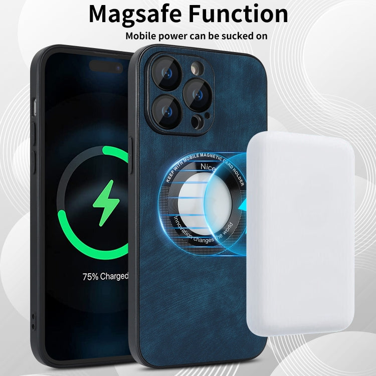 For iPhone 14 Plus Skin Feel Leather MagSafe Magnetic Phone Case(Blue) - iPhone 14 Plus Cases by buy2fix | Online Shopping UK | buy2fix