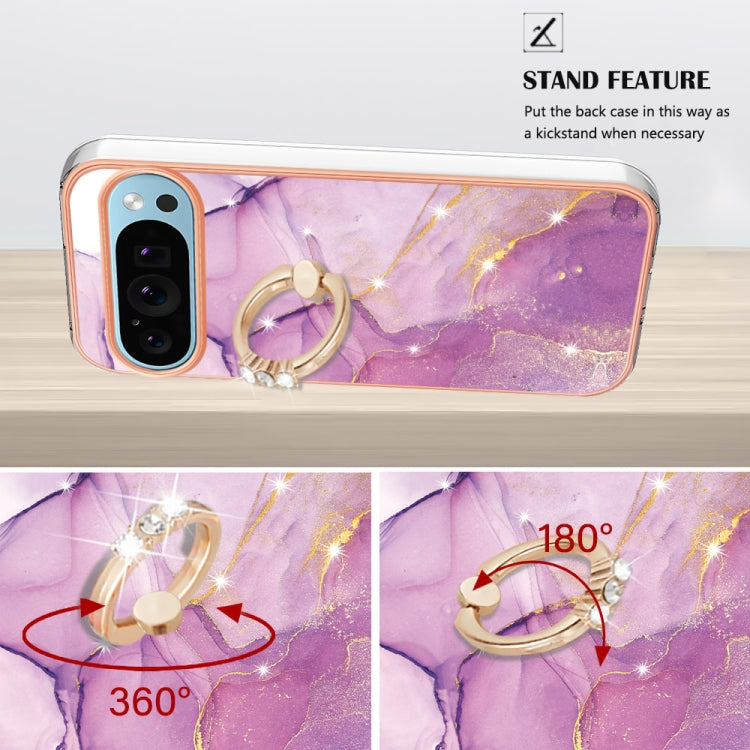 For Google Pixel 9 Pro XL Electroplating Marble IMD TPU Phone Case with Ring Holder(Purple 001) - Google Cases by buy2fix | Online Shopping UK | buy2fix