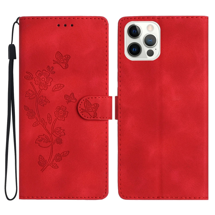 For iPhone 16 Pro Flower Butterfly Embossing Pattern Leather Phone Case(Red) - iPhone 16 Pro Cases by buy2fix | Online Shopping UK | buy2fix