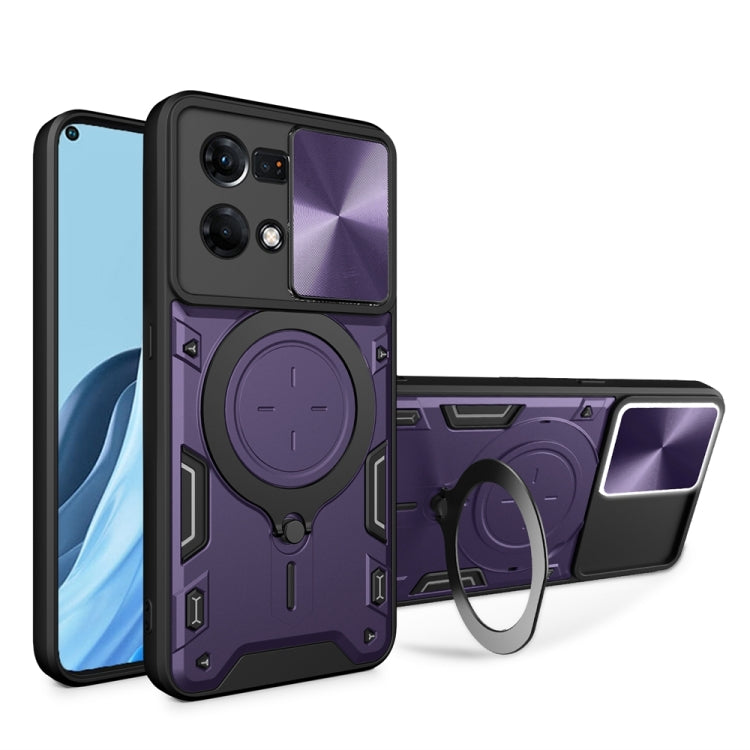 For OPPO Reno7 4G / F21 Pro 4G CD Texture Sliding Camshield Magnetic Holder Phone Case(Purple) - OPPO Cases by buy2fix | Online Shopping UK | buy2fix