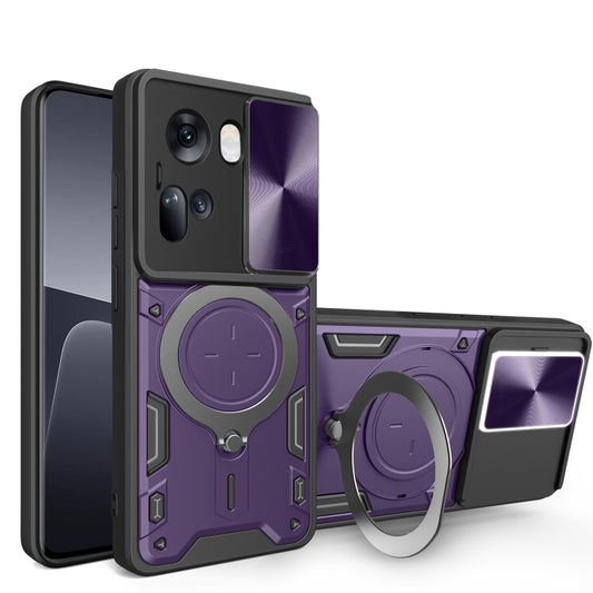 For OPPO Reno11 5G Global CD Texture Sliding Camshield Magnetic Holder Phone Case(Purple) - Reno11 Cases by buy2fix | Online Shopping UK | buy2fix
