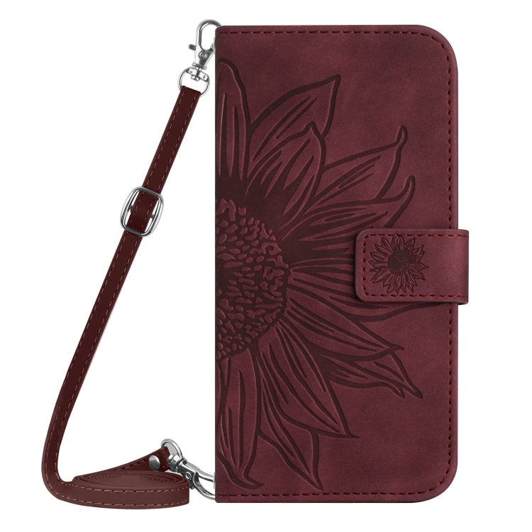 For iPhone 16 Pro Skin Feel Sun Flower Embossed Flip Leather Phone Case with Lanyard(Wine Red) - iPhone 16 Pro Cases by buy2fix | Online Shopping UK | buy2fix