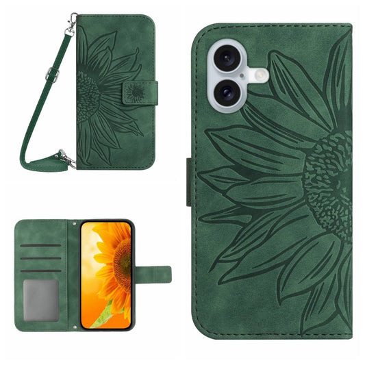 For iPhone 16 Plus Skin Feel Sun Flower Embossed Flip Leather Phone Case with Lanyard(Green) - iPhone 16 Plus Cases by buy2fix | Online Shopping UK | buy2fix