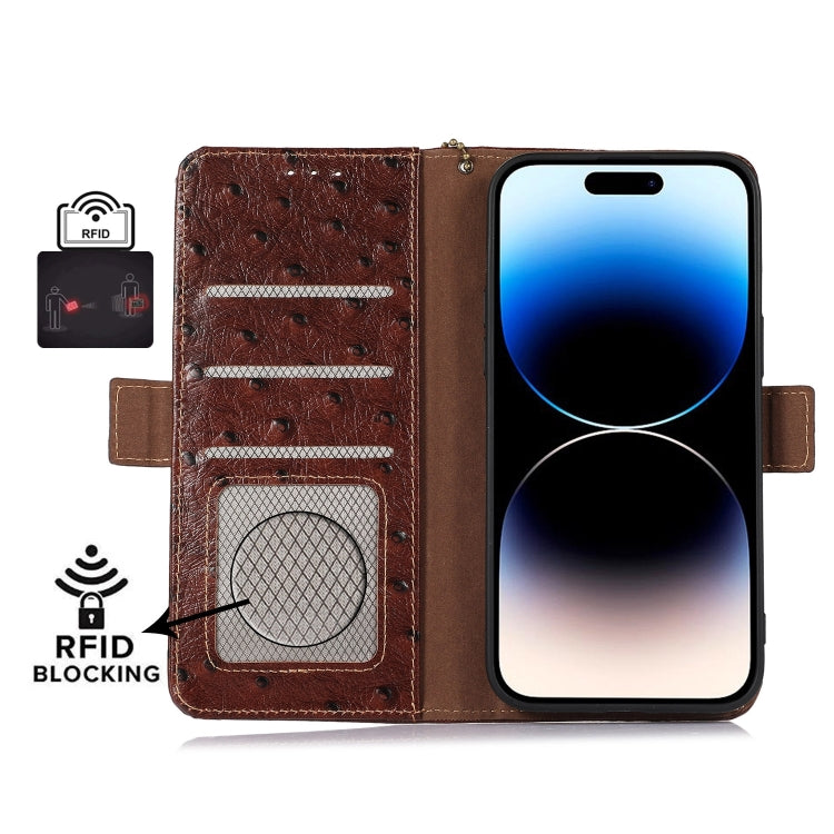 For OnePlus 12 Ostrich Pattern Genuine Leather RFID Phone Case(Coffee) - OnePlus Cases by buy2fix | Online Shopping UK | buy2fix