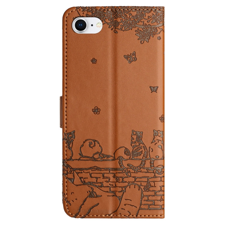 For iPhone SE 2024 Cat Embossing Pattern Leather Phone Case with Lanyard(Brown) - More iPhone Cases by buy2fix | Online Shopping UK | buy2fix