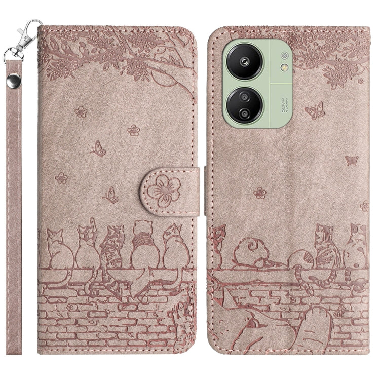 For Xiaomi Redmi 13C 4G/5G/13R 5G Cat Embossing Pattern Leather Phone Case with Lanyard(Grey) - 13C Cases by buy2fix | Online Shopping UK | buy2fix