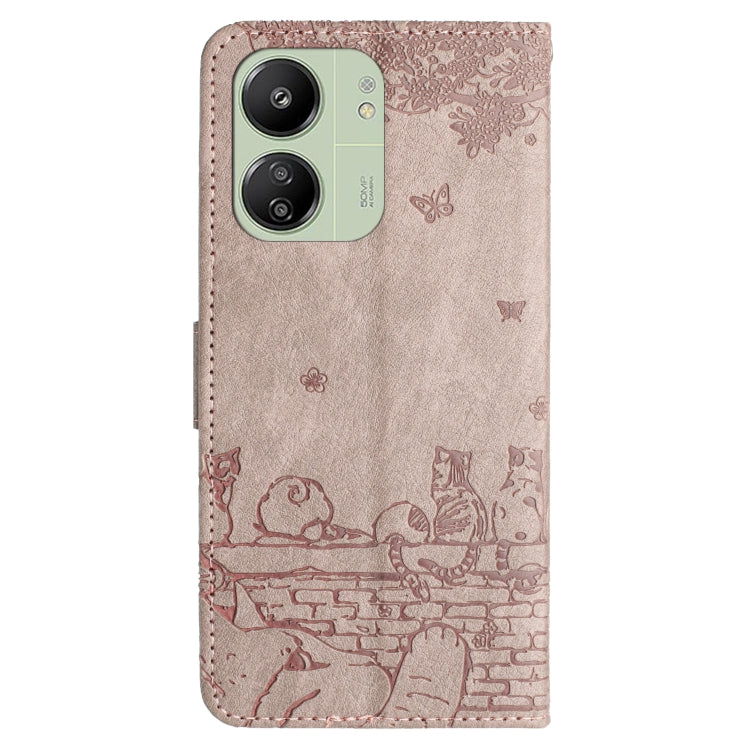 For Xiaomi Redmi 13C 4G/5G/13R 5G Cat Embossing Pattern Leather Phone Case with Lanyard(Grey) - 13C Cases by buy2fix | Online Shopping UK | buy2fix