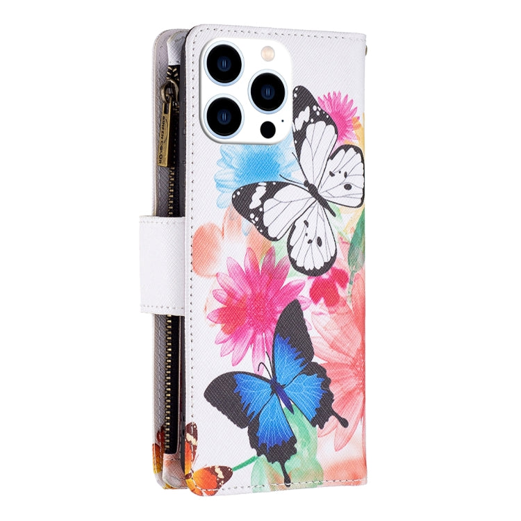 For iPhone 16 Pro Max Colored Drawing Pattern Zipper Phone Leather Case(Two Butterflies) - iPhone 16 Pro Max Cases by buy2fix | Online Shopping UK | buy2fix