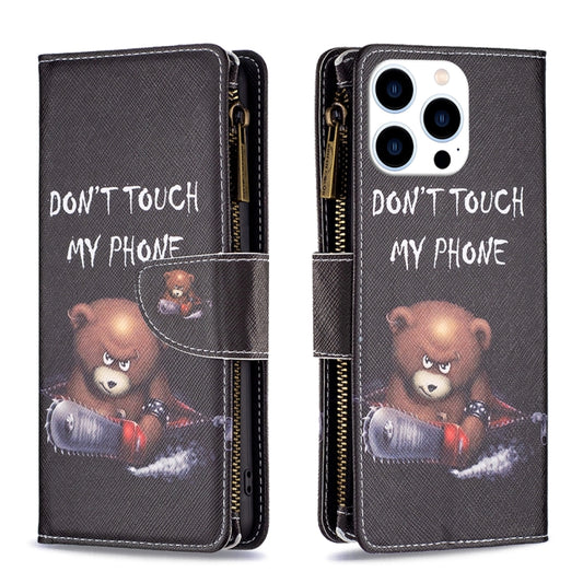 For iPhone 16 Pro Max Colored Drawing Pattern Zipper Phone Leather Case(Bear) - iPhone 16 Pro Max Cases by buy2fix | Online Shopping UK | buy2fix