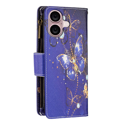 For iPhone 16 Colored Drawing Pattern Zipper Phone Leather Case(Purple Butterfly) - iPhone 16 Cases by buy2fix | Online Shopping UK | buy2fix