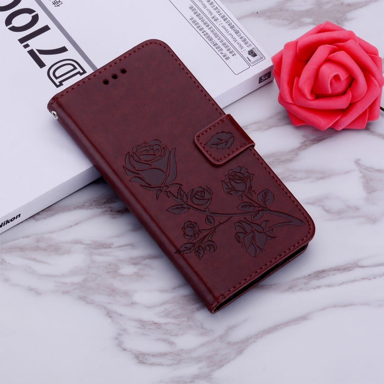 For Samsung Galaxy S24 Rose Embossed Flip PU Leather Phone Case(Brown) - Galaxy S24 5G Cases by buy2fix | Online Shopping UK | buy2fix