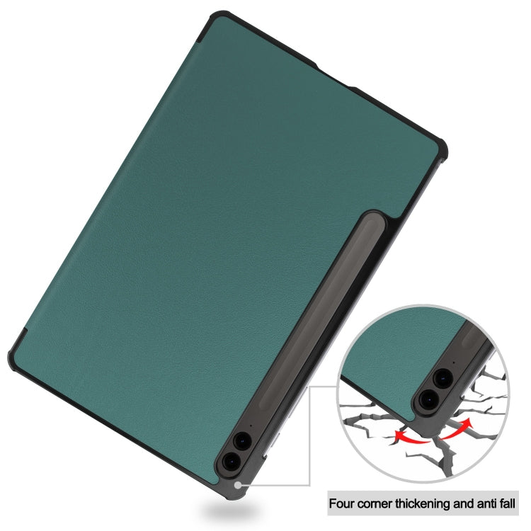 For Samsung Galaxy Tab S9 FE+ Custer Pure Color 3-Fold Holder Smart Leather Tablet Case(Dark Green) - Galaxy Tab S9 FE+ by buy2fix | Online Shopping UK | buy2fix