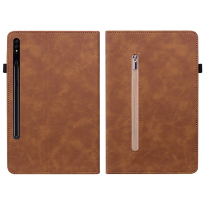 For Samsung Galaxy Tab S9 Skin Feel Solid Color Zipper Leather Tablet Case(Brown) - Galaxy Tab S9 Cases by buy2fix | Online Shopping UK | buy2fix