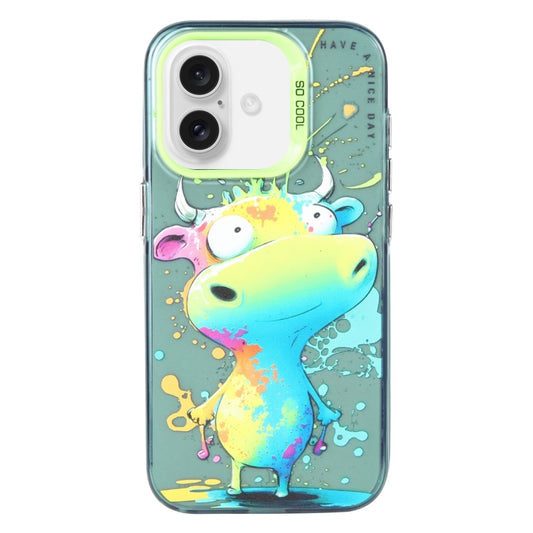 For iPhone 16 Animal Pattern Oil Painting Series PC + TPU Phone Case(Colorful Cattle) - iPhone 16 Cases by buy2fix | Online Shopping UK | buy2fix