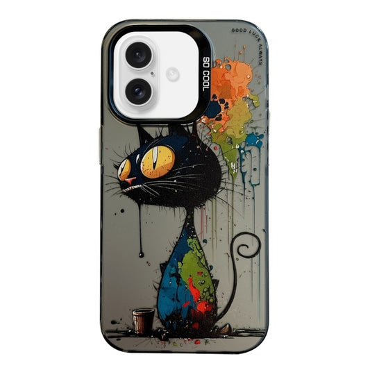 For iPhone 16 Animal Pattern Oil Painting Series PC + TPU Phone Case(Black Cat) - iPhone 16 Cases by buy2fix | Online Shopping UK | buy2fix