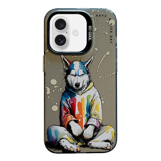 For iPhone 16 Animal Pattern Oil Painting Series PC + TPU Phone Case(Hoodie Dog) - iPhone 16 Cases by buy2fix | Online Shopping UK | buy2fix