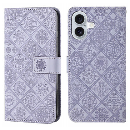 For iPhone 16 Ethnic Style Embossed Pattern Leather Phone Case(Purple) - iPhone 16 Cases by buy2fix | Online Shopping UK | buy2fix