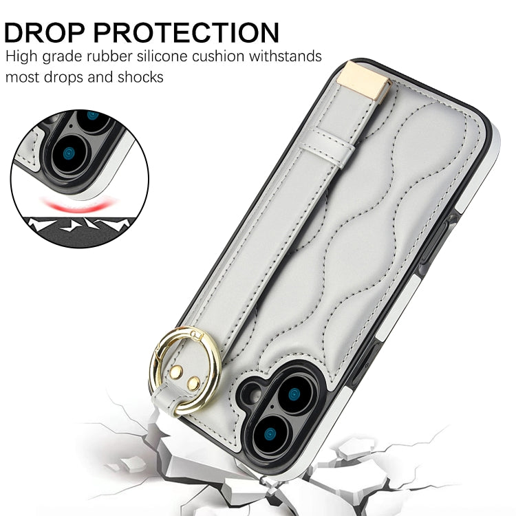 For iPhone 16 Non-slip Full Coverage Ring PU Phone Case with Wristband(Silver) - iPhone 16 Cases by buy2fix | Online Shopping UK | buy2fix