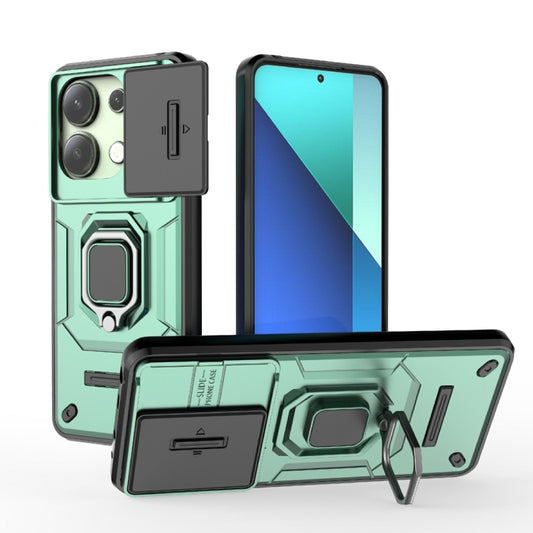 For Xiaomi Redmi Note 13 4G Global Sliding Camshield TPU + PC Shockproof Phone Case with Holder(Green) - Note 13 Cases by buy2fix | Online Shopping UK | buy2fix