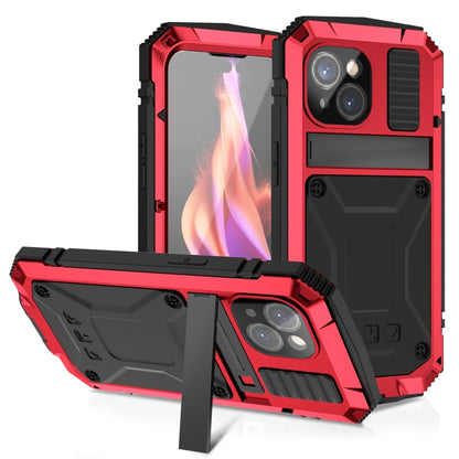 For iPhone 15 R-JUST Shockproof Life Waterproof Dust-proof Metal + Silicone Phone Case with Holder(Red) - iPhone 15 Cases by R-JUST | Online Shopping UK | buy2fix