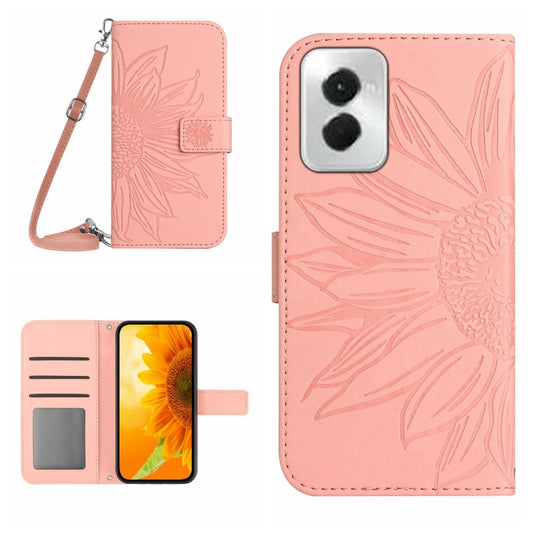 For Motorola Moto G Power 5G 2024 HT04 Skin Feel Sun Flower Embossed Flip Leather Phone Case with Lanyard(Pink) - Motorola Cases by buy2fix | Online Shopping UK | buy2fix