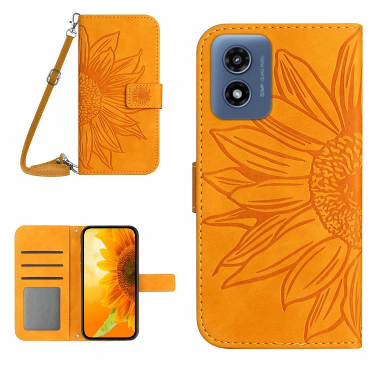 For Motorola Moto G Play 5G 2024 HT04 Skin Feel Sun Flower Embossed Flip Leather Phone Case with Lanyard(Yellow) - Motorola Cases by buy2fix | Online Shopping UK | buy2fix