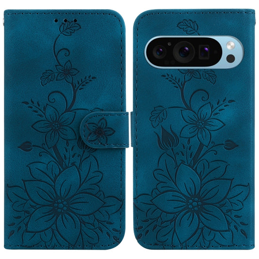 For Google Pixel 9 Pro Lily Embossed Leather Phone Case(Dark Blue) - Google Cases by buy2fix | Online Shopping UK | buy2fix